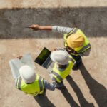 Three construction workers wearing hard hats and safety vests, engaged in concrete testing at a construction site.