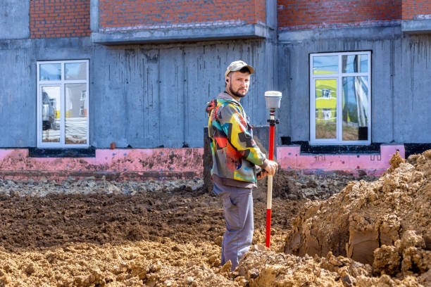A man with a shovel stands in front of a building, representing material testing for earthworks.