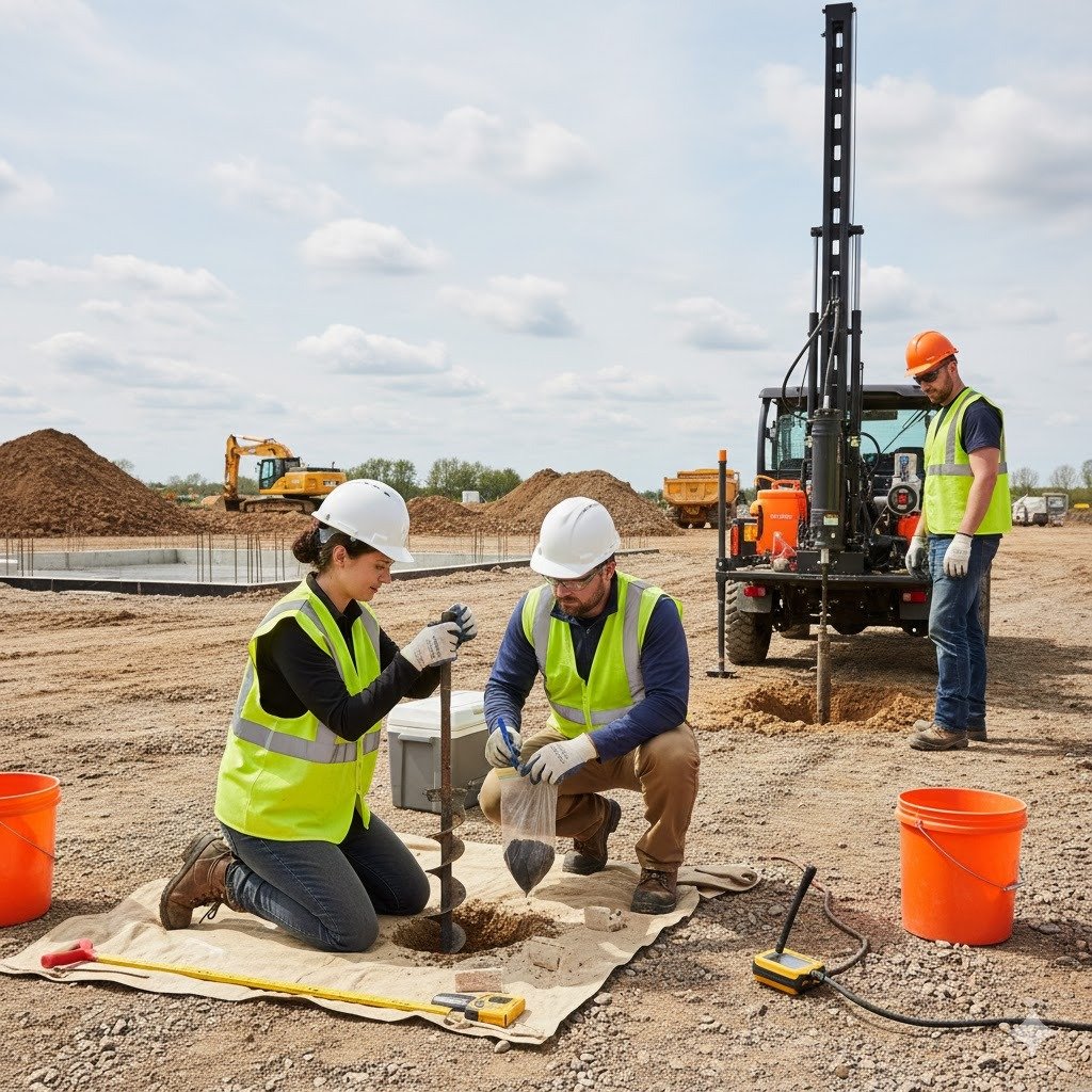 Construction workers engaged in a project, highlighting their efforts in materials testing services.
