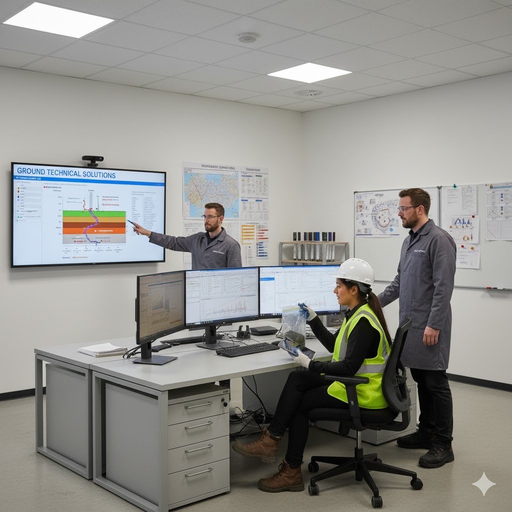 Three men in safety vests work on computers at Materials Testing Services, focused on their tasks.
